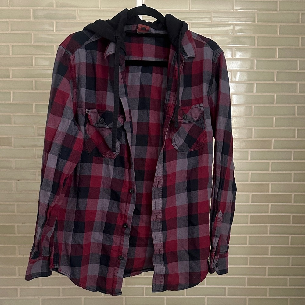 Red and Black Plaid Shirt with Hood